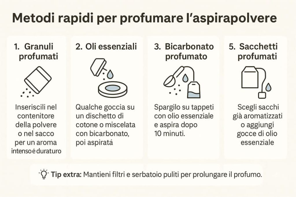 Profumare l'aspirapolvere: 5 Metodi Naturali Efficaci 3 Infografica con 5 metodi naturali per profumare l’aspirapolvere